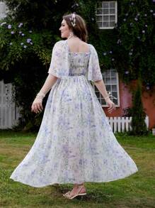 Flirla 加大码夏季优雅花卉印花长裙 - 紫色 - 查看 2