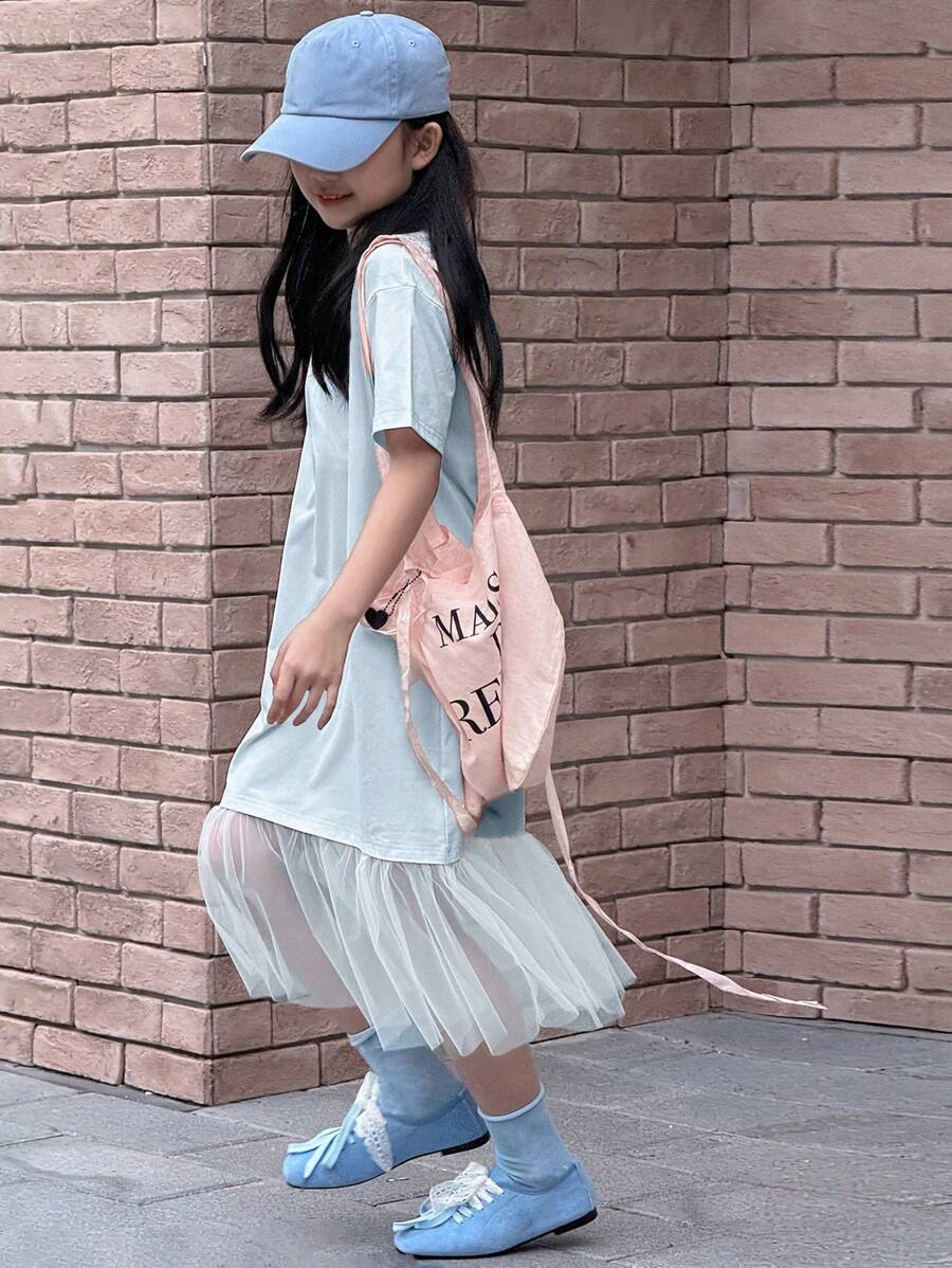 DAZY Vestido de punto de manga corta con cuello redondo y parches de malla para niñas talla grande, ropa de verano y vuelta al colegio