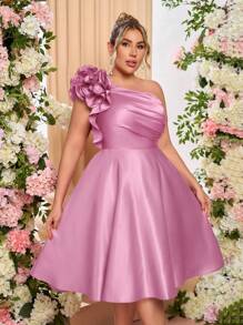 Lovelzi 大码女式优雅浪漫缎面不对称领口褶皱夸张 3D 花卉 A 字中长连衣裙，适合舞会、庆典、派对、正式场合、舞会礼服