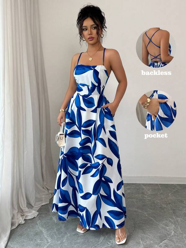 Elenzga Robe de plage à feuilles imprimées pour femmes avec bretelles croisées sans dos et poches