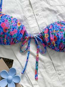 SHEIN Sweetro 1 pieza Top de traje de baño de verano con estampado floral diminuto y ajustable para mujeres de talla grande