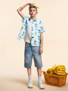 Paul Frank X SHEIN Camisa polo casual de manga curta com estampa de desenho animado para meninos adolescentes, praia, azul-marinho, resort, verão - Verde-azulado - Ver 7