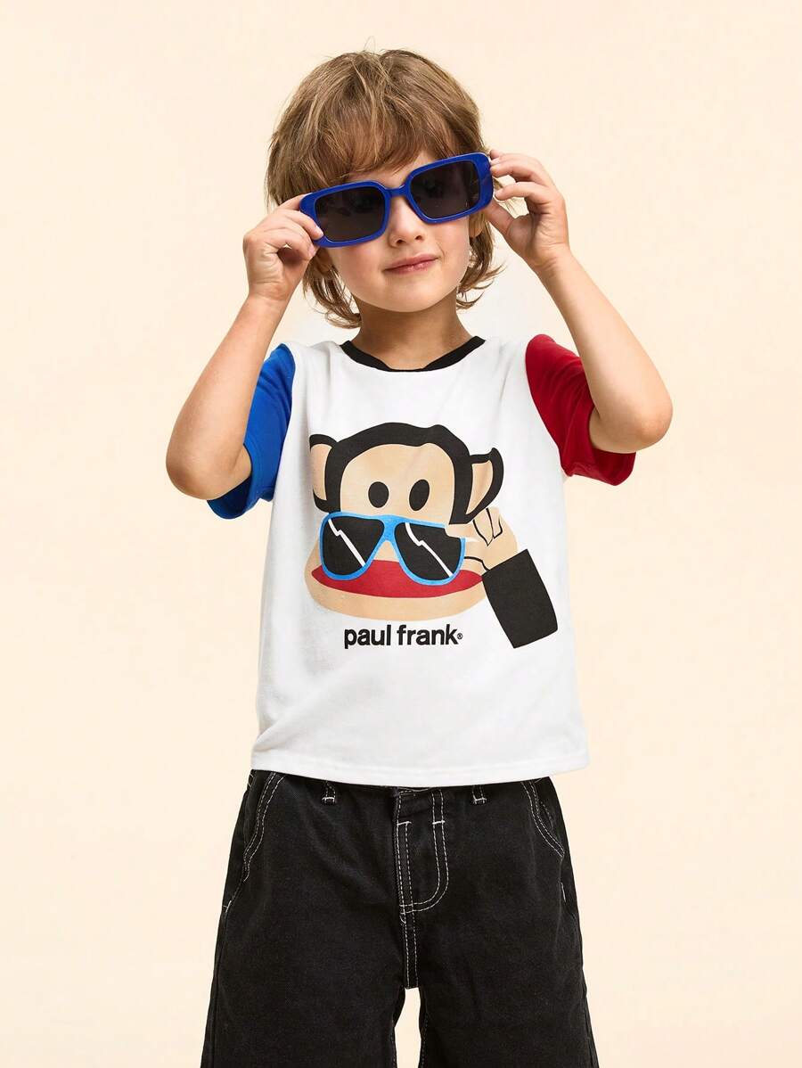 Paul Frank X SHEIN Camiseta de manga corta casual y versátil con estampado de gafas de sol y mono de dibujos animados para niño pequeño - Blanco - Ver 1