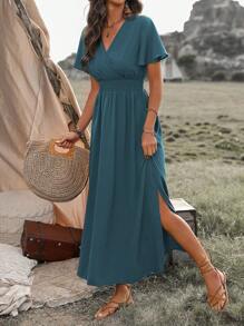Breezaya Robe longue fendue col en V de couleur unie, tenue de vacances à la plage pour femmes