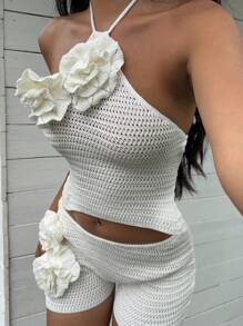 SHEIN EZwear 2件套女士套装：3D花卉装饰无袖针织上衣和针织短裤 - 杏色 - 查看 1