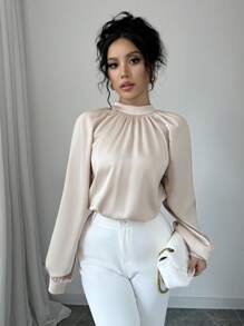 Elenzga Casual Elegant Stand Collar Raglan Sleeve Satin Blouse,Long Sleeve Tops Fall Cloth For Women