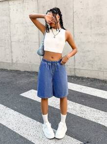 SHEIN Teenager Mädchen Frühling Sommer Lässig Elastischer Bund Weite Weiche Denim Lang Denim Shorts, Mädchen Sommer Strand Boho Urlaub Konzert Rave Outfits