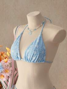 SHEIN Swim 1 件女士夏季海滩花卉纹理吊带性感比基尼套装 - 藍色 - 查看 3