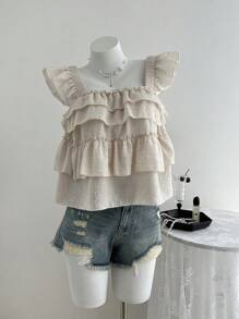 Elin Vora Ruffled Hem Flutter Sleeve Top, Casual & Vacation - Apricot - View 4