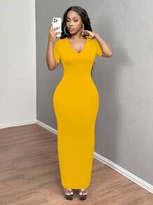 SHEIN SXY 女士纯色 V 领紧身短袖连衣裙 Hoco Dresses - 黃色 - 查看 4