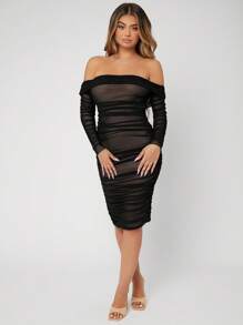 SHEIN SXY Prom Dress;Ruched Off Shoulder Mesh Bodycon Dress - Black - View 3