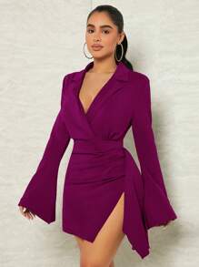 SHEIN SXY Women's Solid Color Ruched Slit Flare Sleeve Mini Dress, Spring Summer