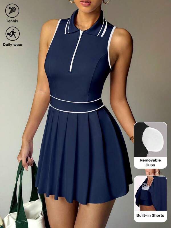 Easithlete Rochie sport cu imprimeu floral și imprimeu floral pentru femei, cu dungi, cu fermoar pe jumătate, fără mâneci, plisată, casual, fitness, antrenament