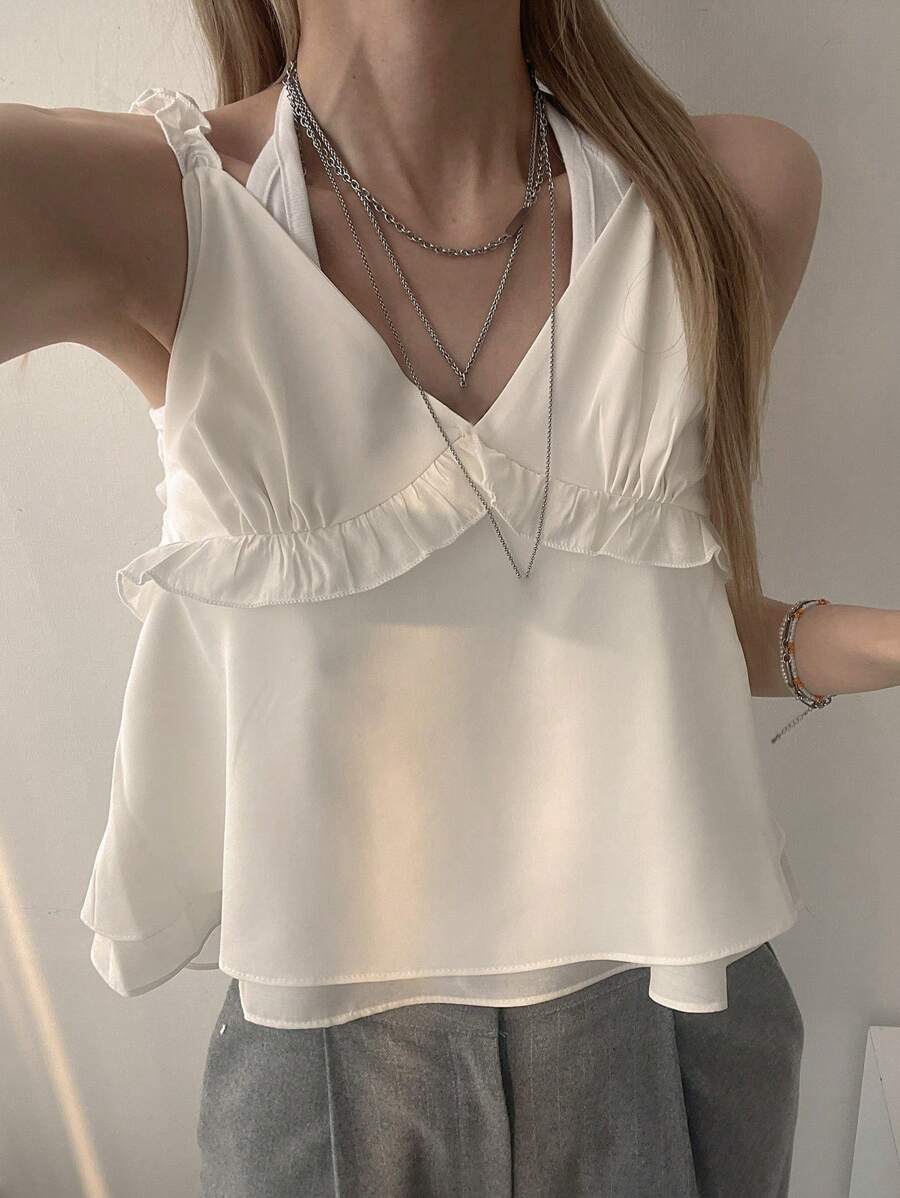 DAZY Débardeur femme avec volants, bretelles spaghetti, top babydoll, tops preppy