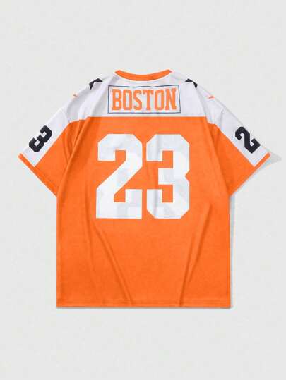 Prep Camiseta de manga corta con estampado de letras y números para hombres, adecuada para uso diario en primavera/verano, resaltando su estilo deportivo