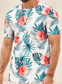 Manfinity VCAY T-shirt à col ras du cou tricoté pour hommes, manches courtes, avec imprimé feuilles et fleurs, convient pour l'été