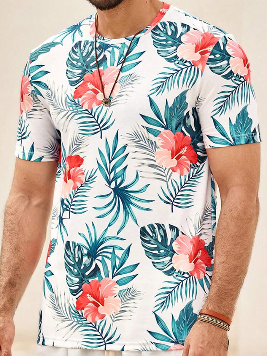 Manfinity VCAY T-shirt à col ras du cou tricoté pour hommes, manches courtes, avec imprimé feuilles et fleurs, convient pour l'été