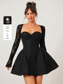 SHEIN SXY Black Skirt Stitching Lace Long Sleeve Princess Ballet Skirt Sexy Mini Dress - Black - View 8