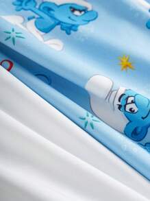 The Smurfs X SHEIN Ensemble Top manches courtes décontracté à épaules tombantes et pantalon rayé bleu pour jeune garçon, motif de bande dessinée