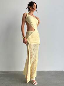 Aloruh Abito mini sexy con vita in pizzo giallo e inserti in pizzo, senza maniche, per donna