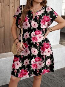 SHEIN LUNE Plus Size Women Casual Floral Print Loose Short Sleeve Dress, Suitable For Summer Mother's Day Gift  Women Short Dresses Summer Women Summer Clothing Vcay