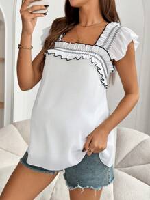SHEIN Maternity Summer Casual Square Neck Ruffle Trim Blouse,Maternity Clothes - White - View 6