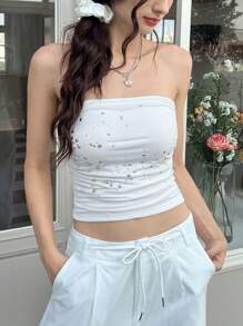 SHEIN MOD Women's Casual Colorful Diamond Decorated Bandeau Top - White - View 1