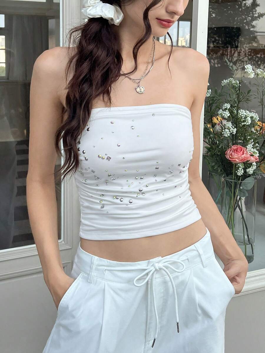 SHEIN MOD Women's Casual Colorful Diamond Decorated Bandeau Top - White - View 1