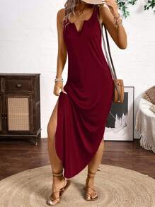 Breezaya 垂直条纹多色细肩带连衣裙长款女装 - 酒紅色 - 查看 5