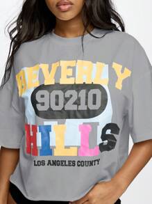 SUMWON WOMEN 比佛利山庄图案学院风加州 T 恤休闲宽松版型街头风经典个性字母印花上衣 - 淺灰色 - 查看 4