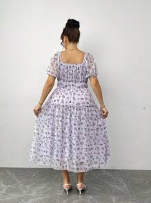 Flirla Vestido evasé con tirantes, cuello romántico y cintura ceñida para tallas grandes - Multicolor - Ver 2