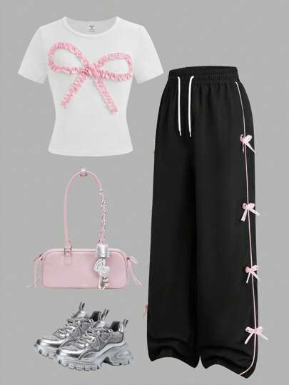 SHEIN Sweetra Young 2pcs/Set Teenage Girls Sweet Cute White Ruffle Bow Decor Round Neck Short Sleeve Cropped T-Shirt And Black Wide-Leg Pants Pink Bow Outfit, Suitable For Daily, Commute, Hangout With Friends, Holiday Wear