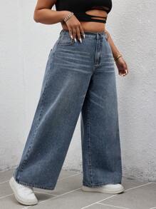 SHEIN SXY Plus Size Solid Color Pocketed Casual Wide-Leg Jeans - Blue - View 4