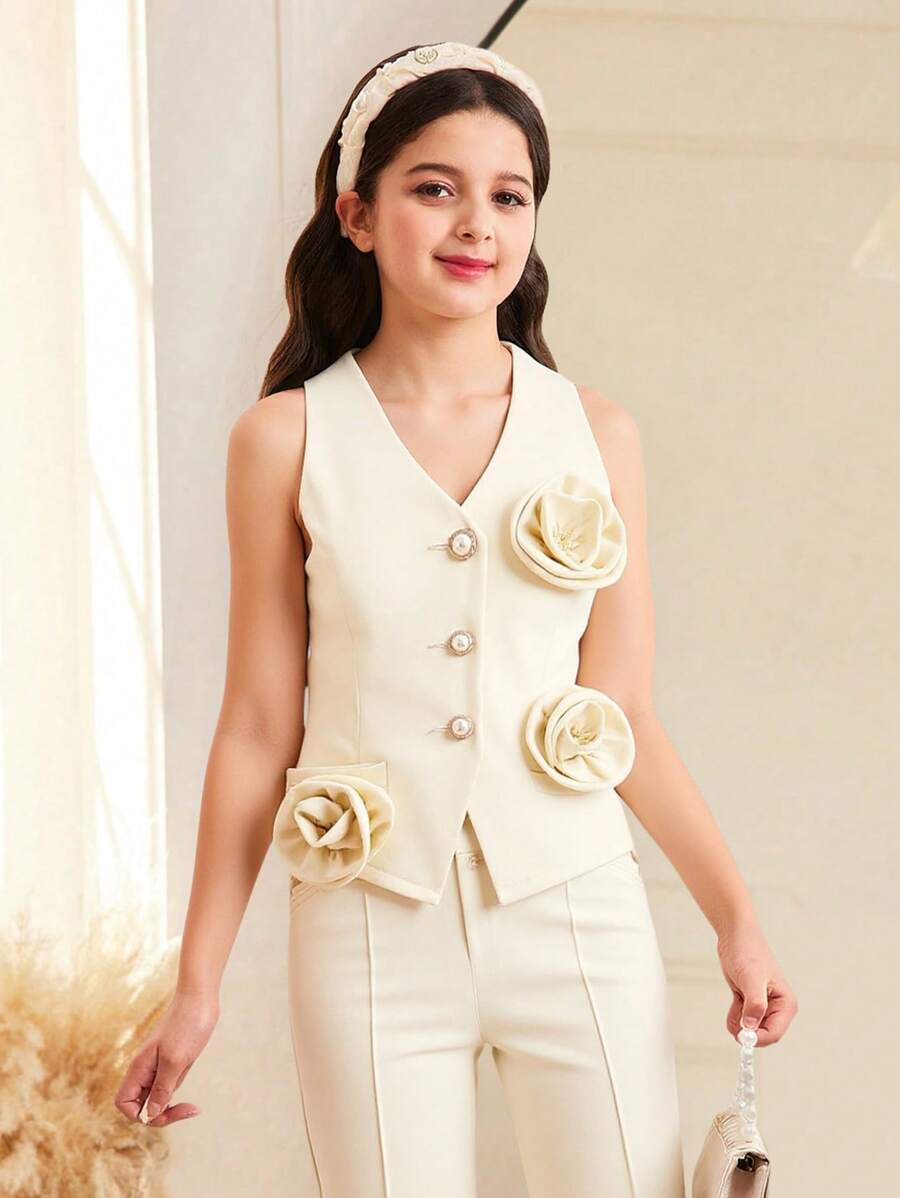 SHEIN Tween Girl 珍珠纽扣装饰优雅修身露背上衣,带花卉装饰,米色背心夹克 - 米色 - 查看 1