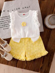 SHEIN Conjunto de colete e short amarelo com babados, malha jacquard marfim, para meninas pequenas, roupa de verão fofa e adorável para bebês