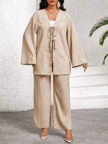 SHEIN Lady Bộ 2 món áo dài tay buộc nơ phía trước cho nữ và quần dài, bộ đồ hai mảnh màu kaki trơn dành cho nữ - Màu Khaki - Xem 4
