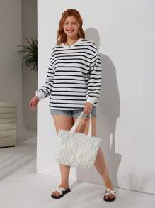 SHEIN EZwear Plus Size Casual Black And White Stripe Loose Dropped Shoulder Sweatshirt Graduation,Back To School Outfits,Graduation,Teacher Outfits For Women,Back To School Winter Fall Autumn