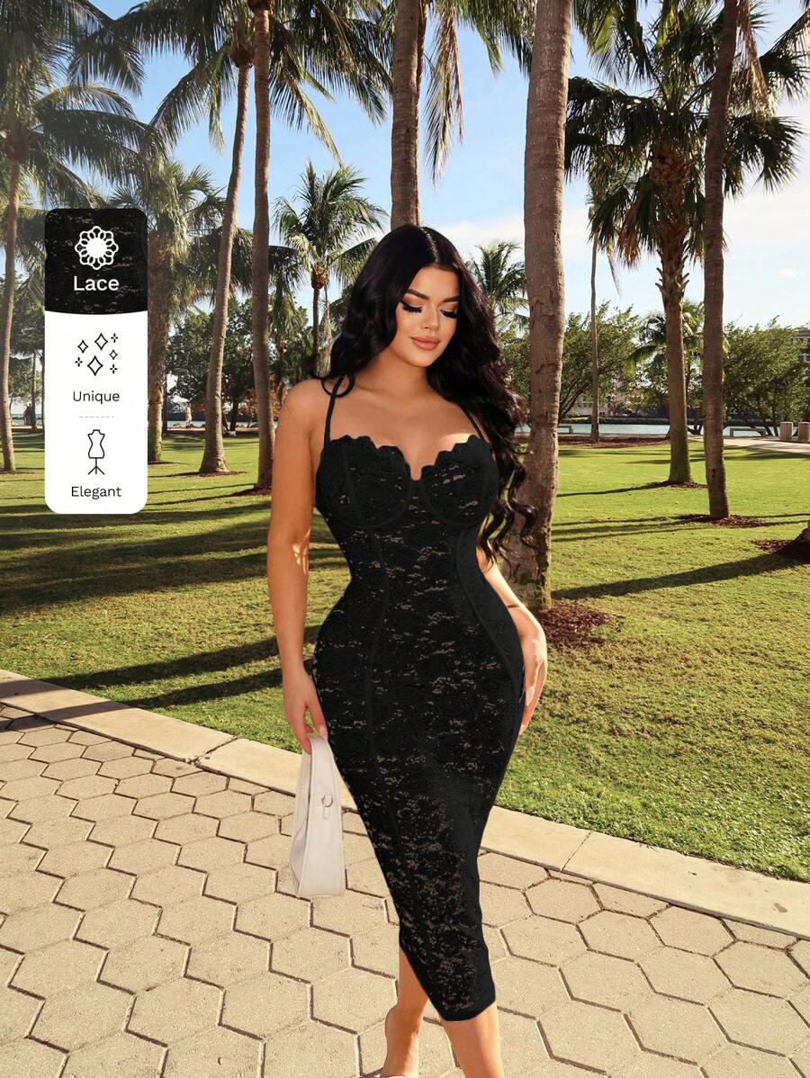 SHEIN SXY NỮ Mùa hè Tiếng Pháp Thanh lịch Ren Đầm Với Chặt Bustier Dây đeo Đầm - màu đen - Xem 1