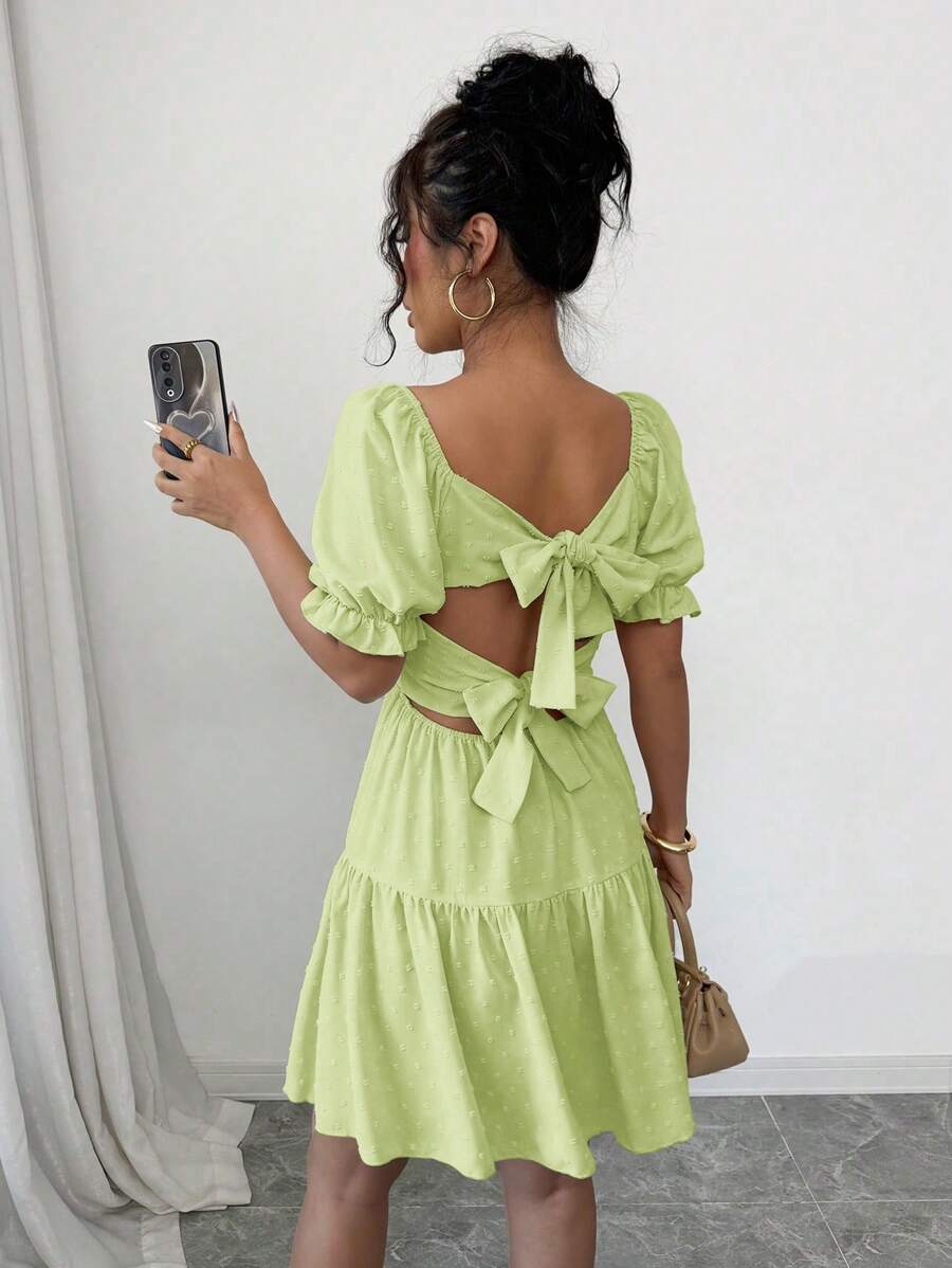 Breezaya 瑞士圆点系带露背泡泡袖荷叶边下摆连衣裙度假海滩装女款 - 綠色 - 查看 1