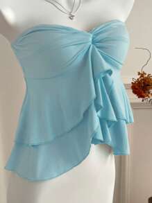 Sweetra Romantic Versatile Double Layer Ruffle Twist Crop Top - Blue - View 8