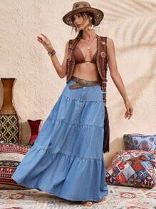 Vivid Eden 女士休闲度假蓝色多层荷叶边长假夏季牛仔裙女士西部风波西米亚风