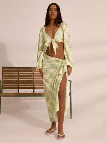 MUSERA Printed Chiffon Tie Front Flare Long Sleeve Top Spring  Vacation Boho Ibiza Elegant Beach Cute Beach House Holiday Elegant - Green - View 5