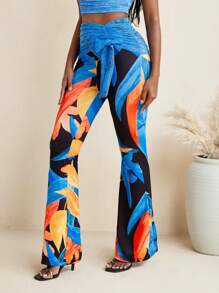 LUNA B 女士花卉印花蕾丝蝴蝶结腰喇叭裤夏季度假海滩