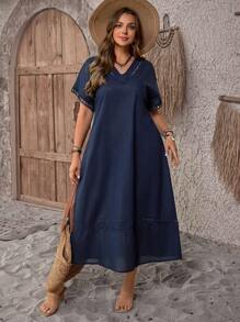 EMERY ROSE 大码纯色V领休闲夏日度假短袖连衣裙 - 藍色 - 查看 4