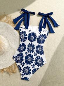 Soleia 女士拼色蝴蝶印花可调节肩带连体泳衣，非常适合度假 - 藍白色 - 查看 2