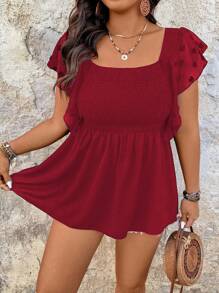 SHEIN LUNE Áo cánh tay rộng cổ vuông thường ngày cho nữ cỡ lớn - Đỏ - Xem 7