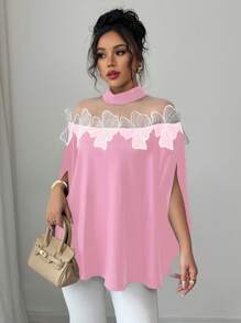 Elenzga Women's Casual Fashion Lace & Mesh Panel Slit Sleeve Stand Collar Blouse, Spring/Summer/Autumn - Pink - View 5