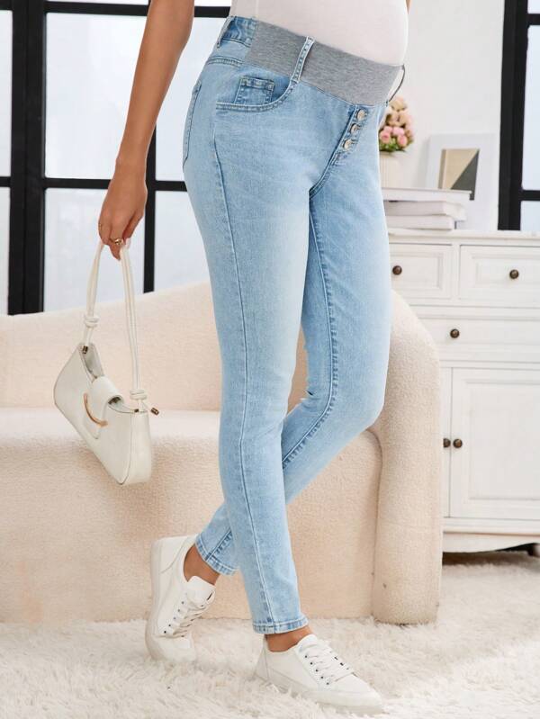 SHEIN Maternity Elastic Skinny Jeans Summer Women Festival Mom Jeans