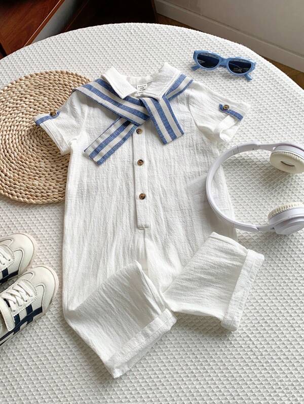SHEIN 2 Pieces Set Baby Boy/Girl Casual Academic Resort Solid Color Short Sleeve Shirt & Striped Shrug Romper, Suitable For Spring/Summer Wear, Indoor & Outdoor