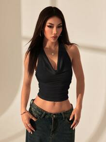 SHEIN PETITE Canotta estiva da donna con schiena scoperta e collo alto, di colore tinta unita